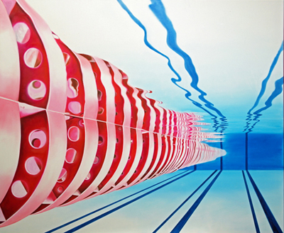Schwimmleine pink, 120 x 100 cm, Öl auf Leinwand, 2022