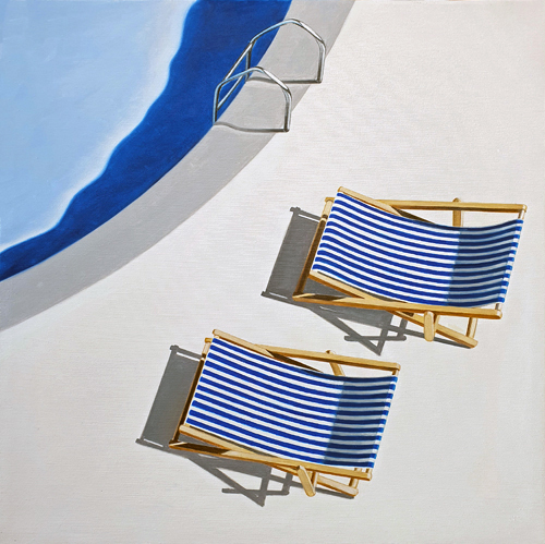 Liegestühle, gestreift, 56 x 56 cm, Öl auf Leinwand, 2023